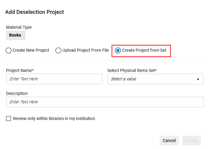 Add New Project screen when creating a project from a set.